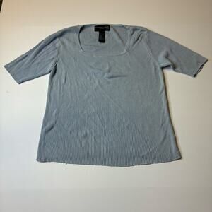 August Silk Top Women 100% Ribbed Blue Slate Short Sleeve US L Cool Casual Chic